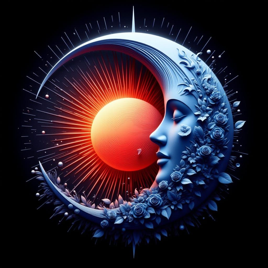 <lora:Mrs H-Crescent Moons:1.0> Create a beautiful navy blue crescent Moon with a stunning vibrant red sun in a Ying Yang style, black backg...