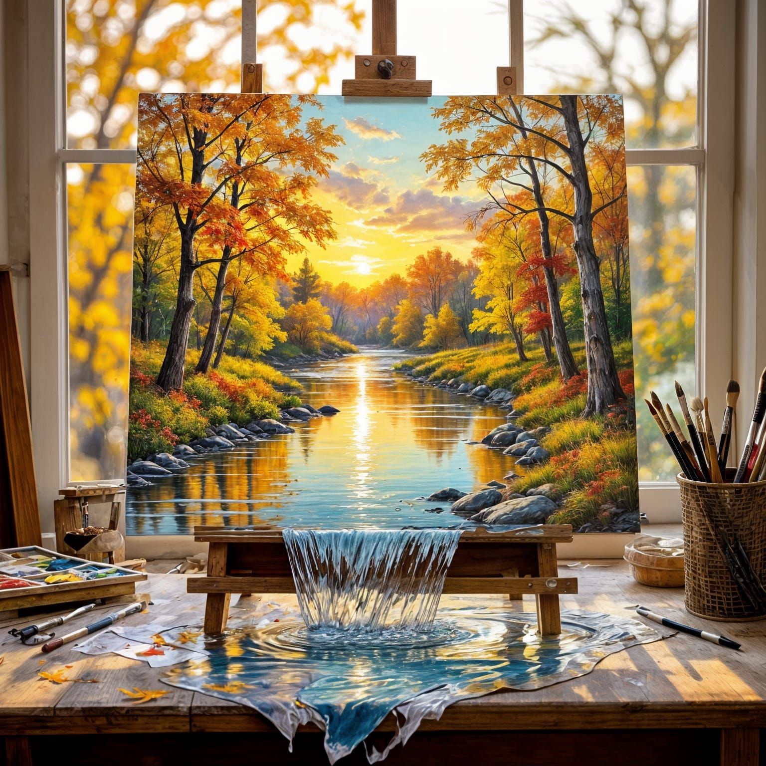A cozy artist's studio bathed in golden hour sunlight. A realistic autumn landscape painting on an ornate ...  by @KomBib