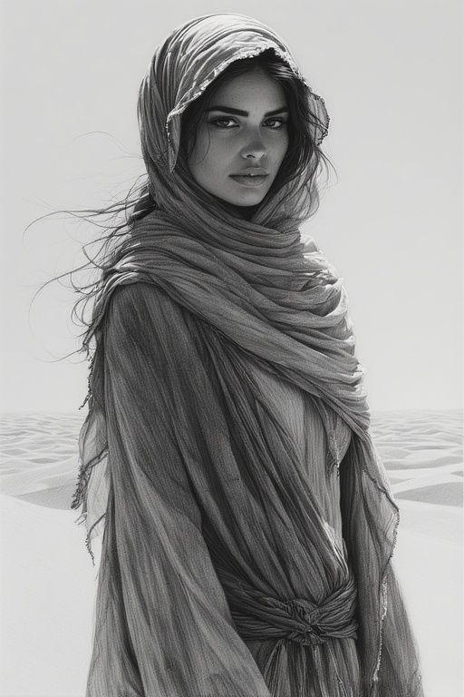 Arab Woman in Desert Dunes, Dramatic Lighting.
 This hyper-r...