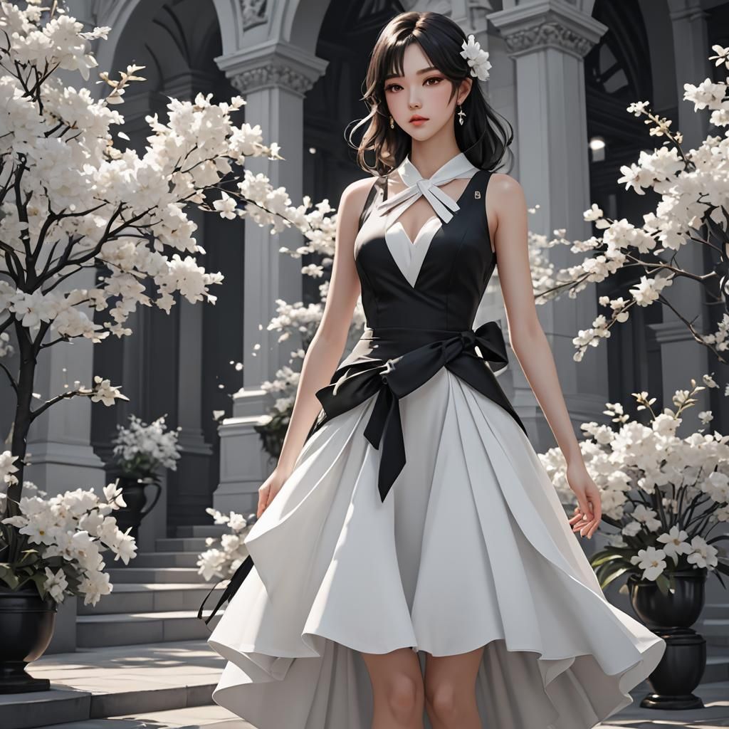 Create beautiful and stunning woman dressed in black and whi...