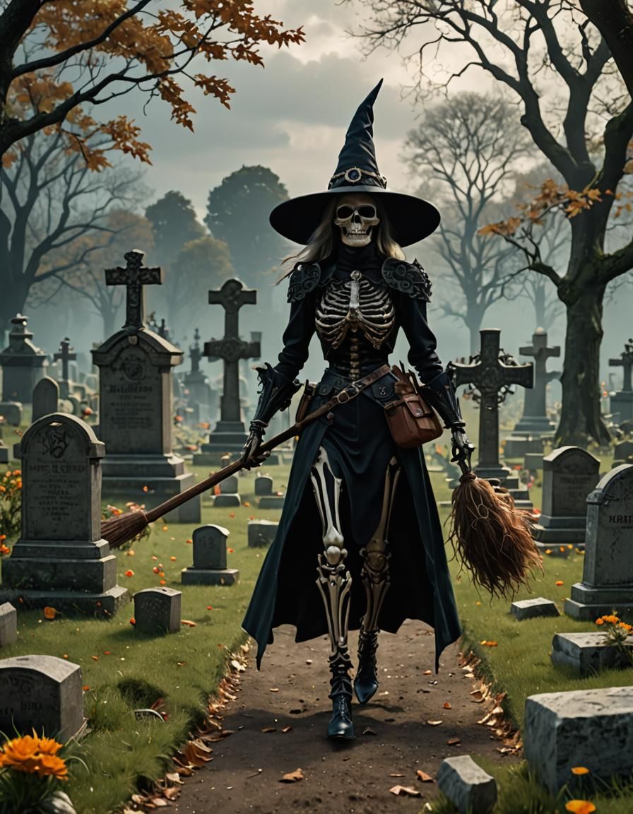 skeleton of a witch walking in a cemetery