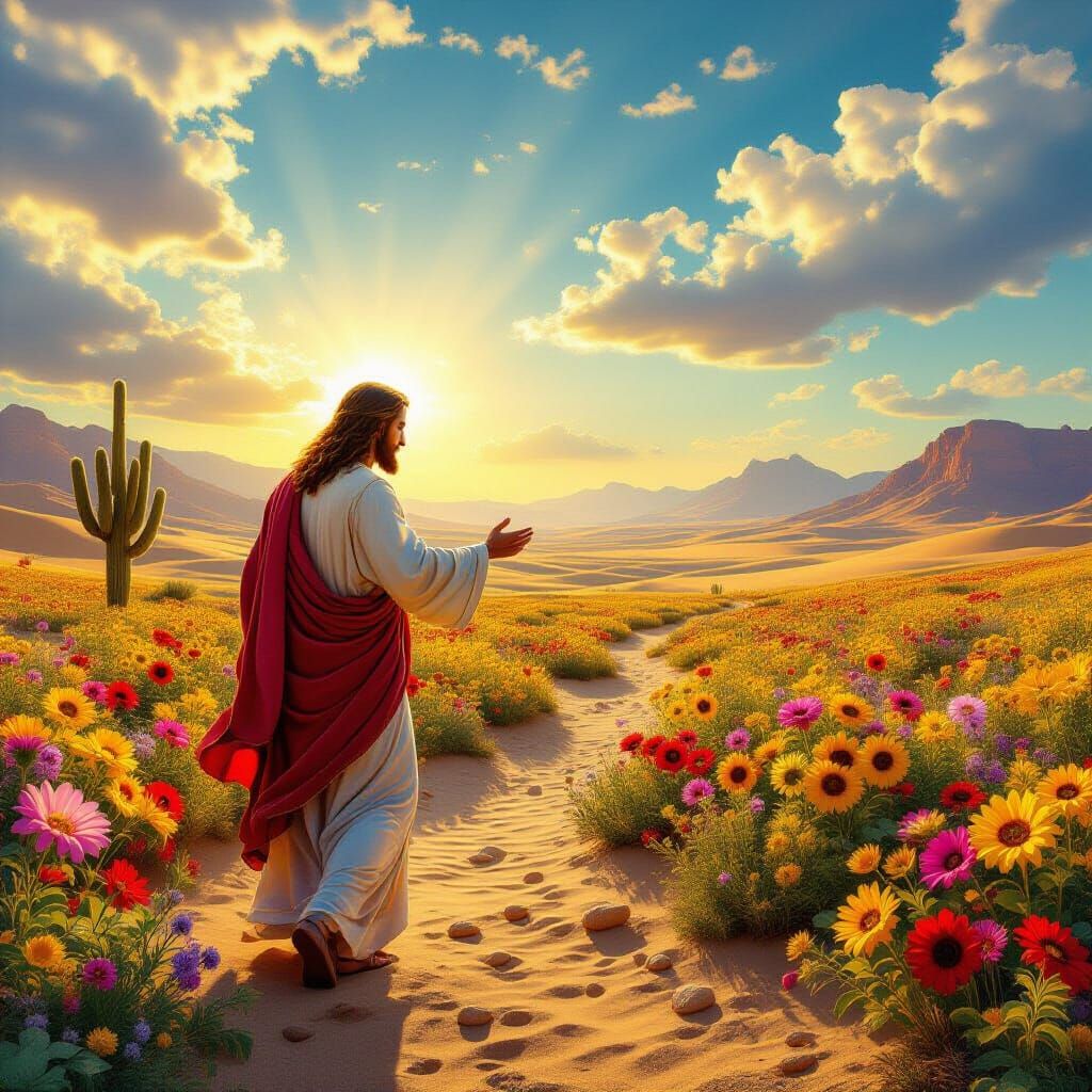 Jesus Christ turns the desert into fertile land. Surreal colorful fantasy. AI Vision.