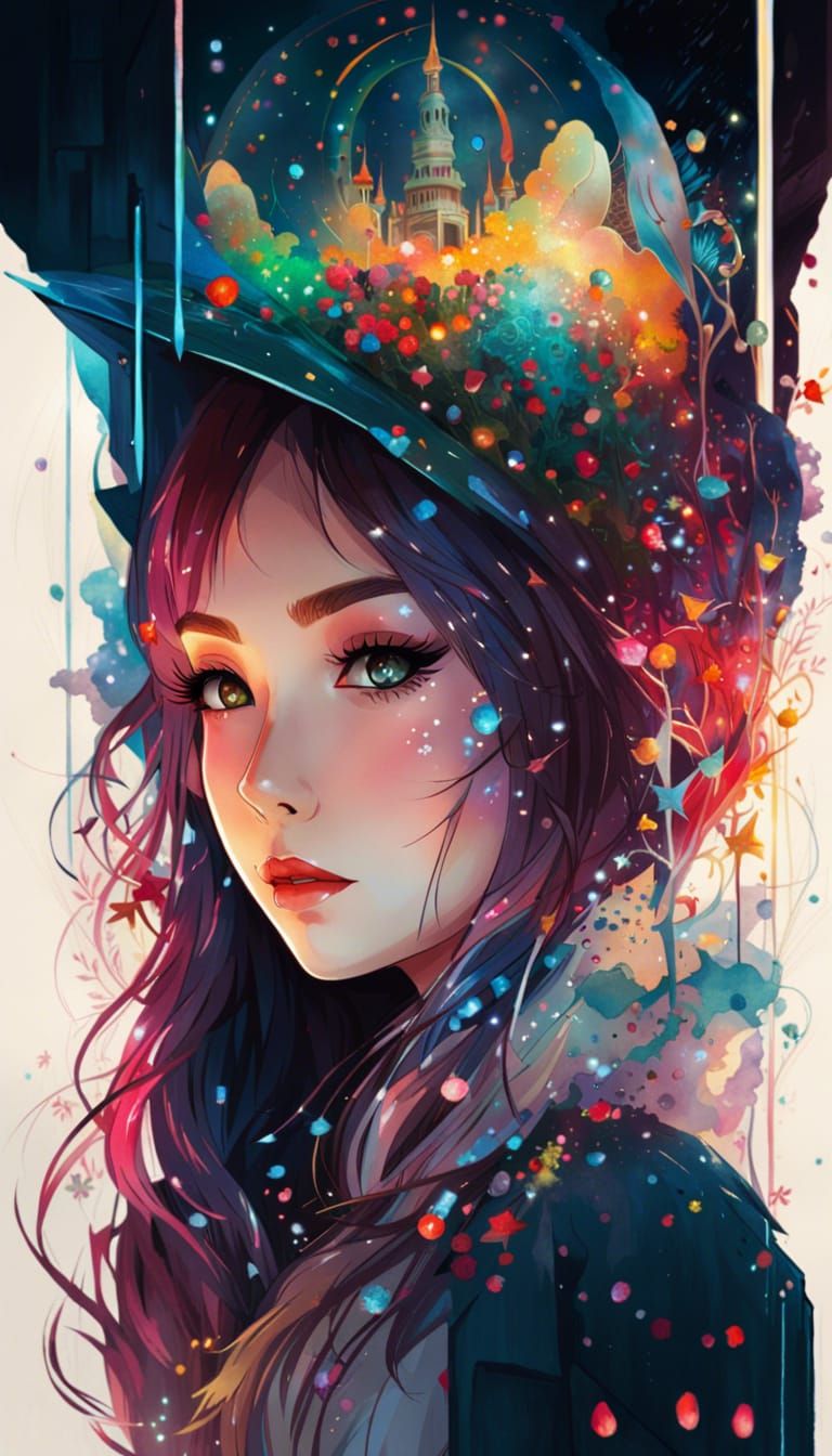 Anime Goddess Arielle in Magic Library Watercolor