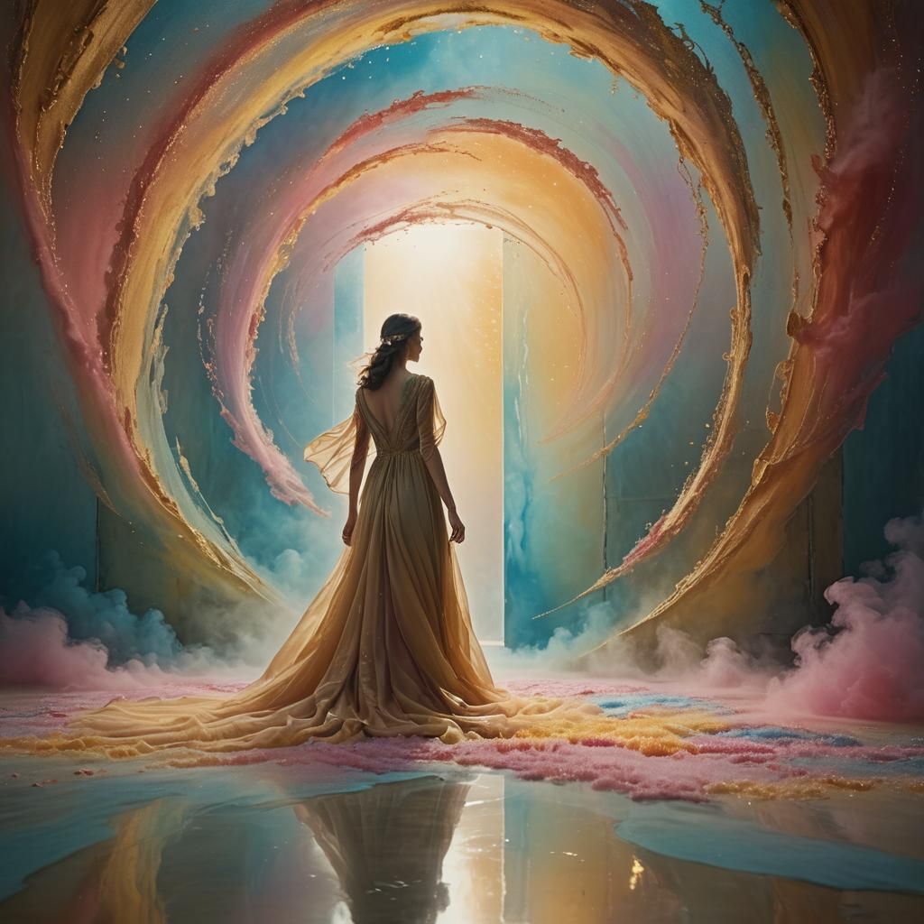 Woman Enters Shimmering Portal to Another Dimension