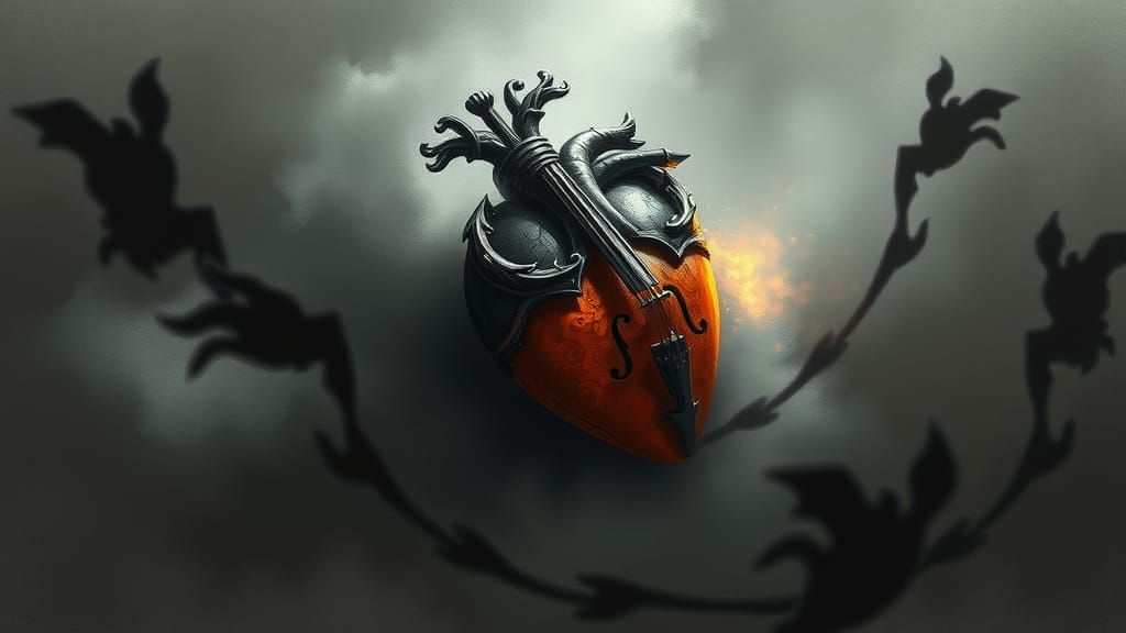 "Heart of Shadows": A heart encased in shadows, surrounded b...