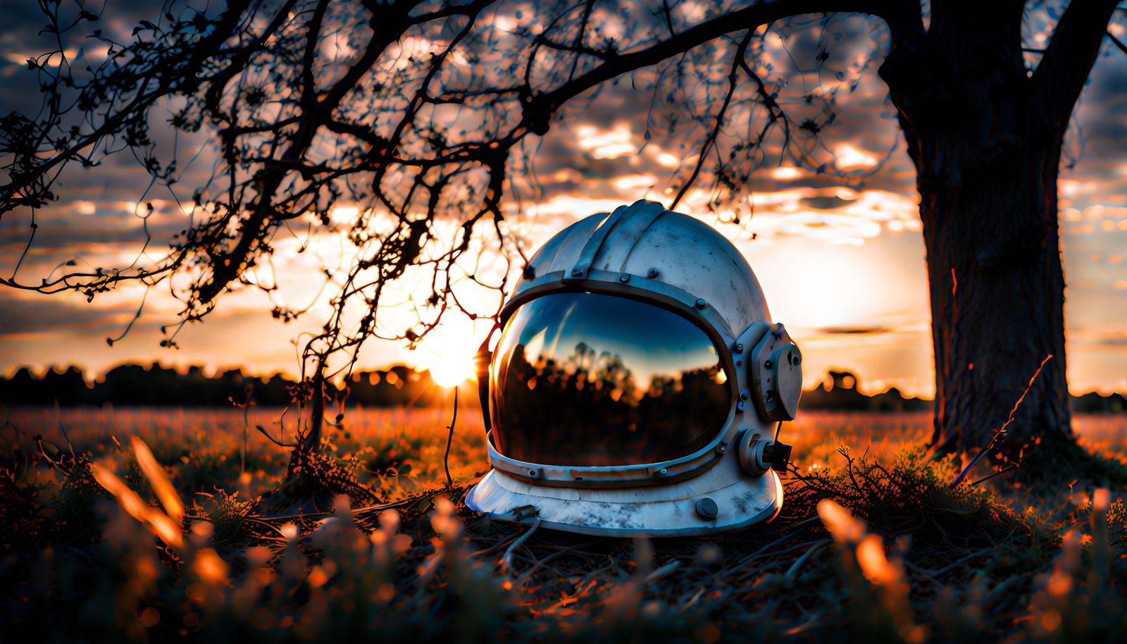 Old astronaut helmet rusting in an open field at dawn with b...