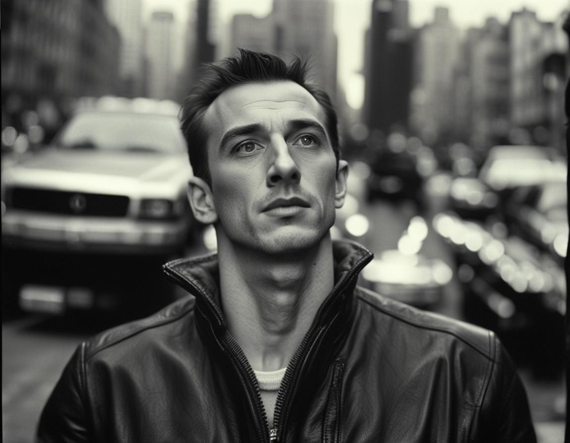 haz a claude speed de gta 3 como persona real realista como se ve en la imagen, de piel blanca, mirando hacia frente con su chaqueta de cuer...