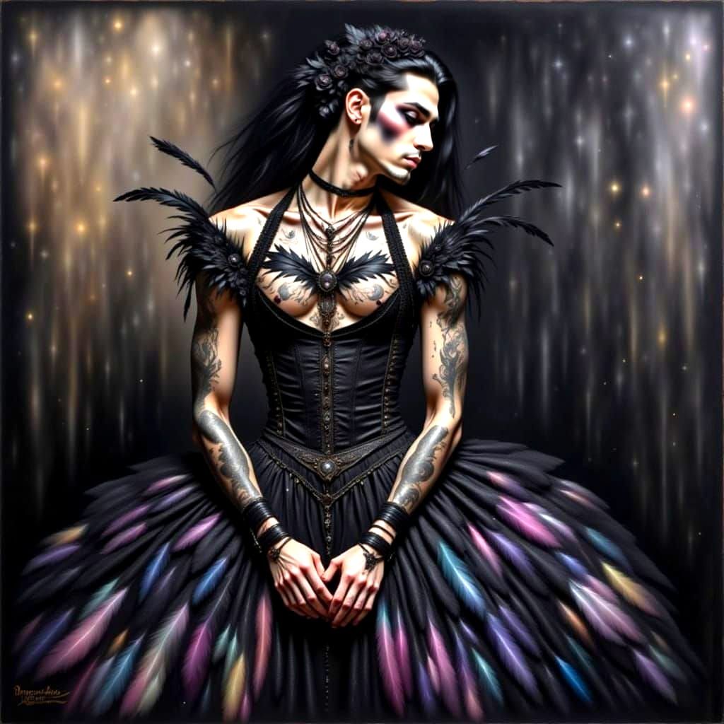 <lora:Bleak Intensity:1.0> <lora:Princess Intensity:1.0> Man in a dress, pencil drawing, black feathers, man with dark make up, ethereal, de...