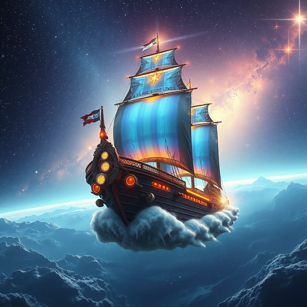 A magnificent celestial ship glides through the cosmos, its sails billowing with a dazzling array of glitter and shimmering celestial treasu...