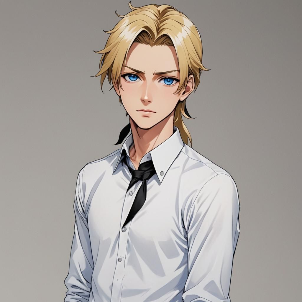 A young man with slicked-back, long, blonde hair that ends a...