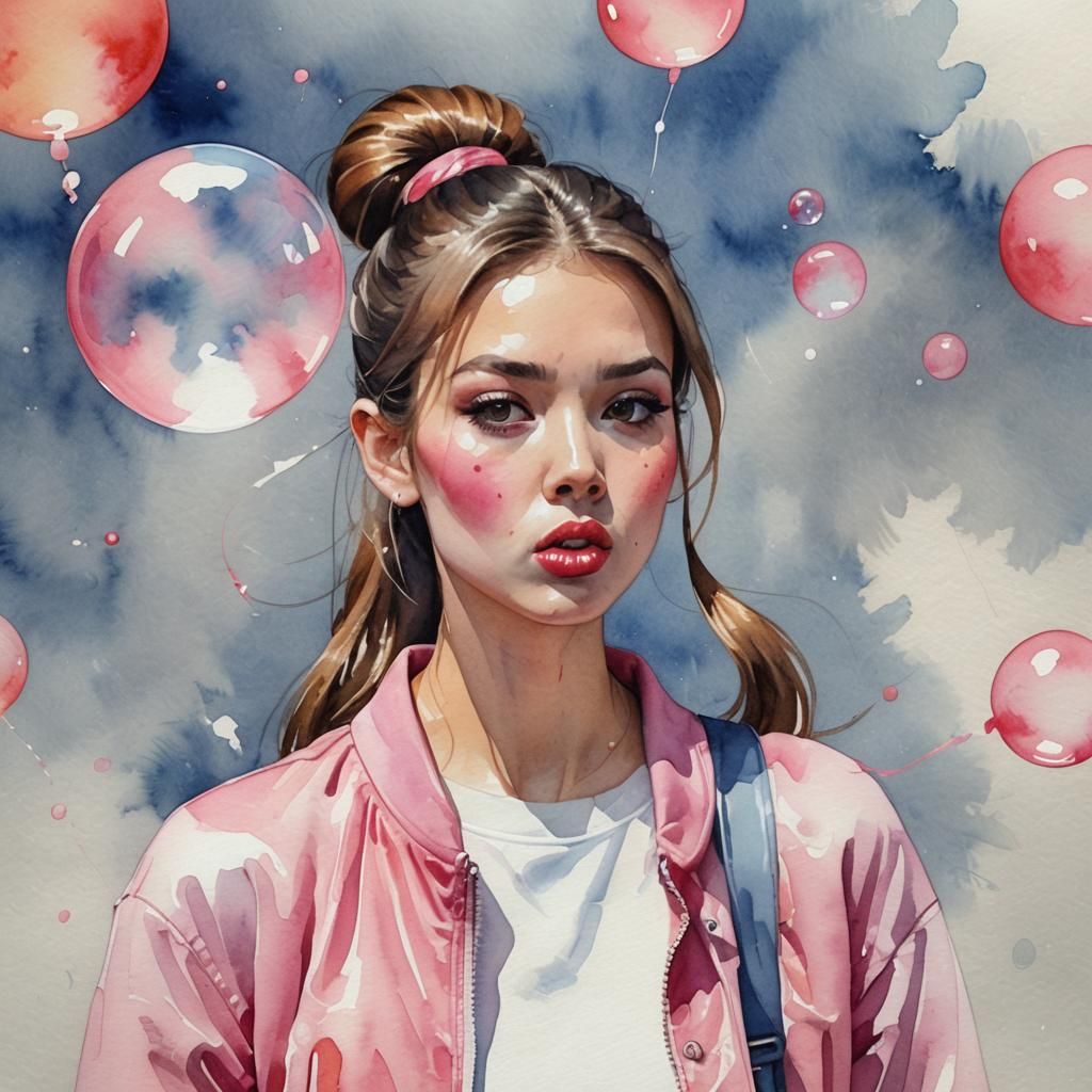 Watercolor, woman ponytail blowing large bubblegum bubble