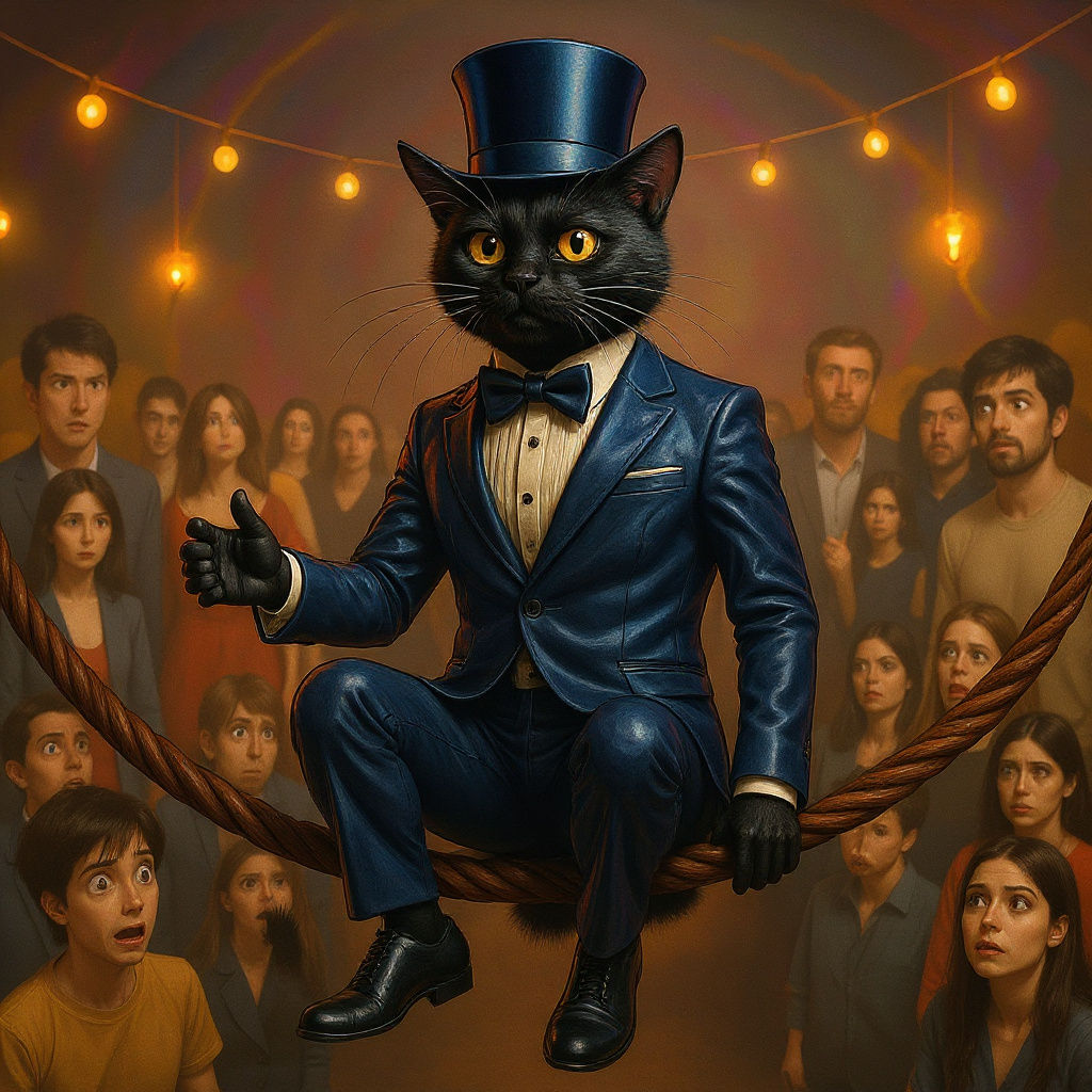 A hyper realistic oversized tuxedo cat sitting on a high wire at a surrealistic iridescent abstract circus background. The Giant tuxedo cat ...
