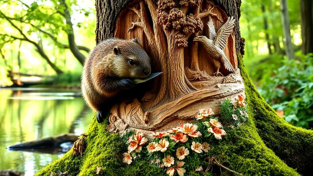 Secret Hobbies of Wildlife: Beaver the Artist, is carving out an elaborate hyperreal forest scene, with his wood knife, on the trunk of a tr...