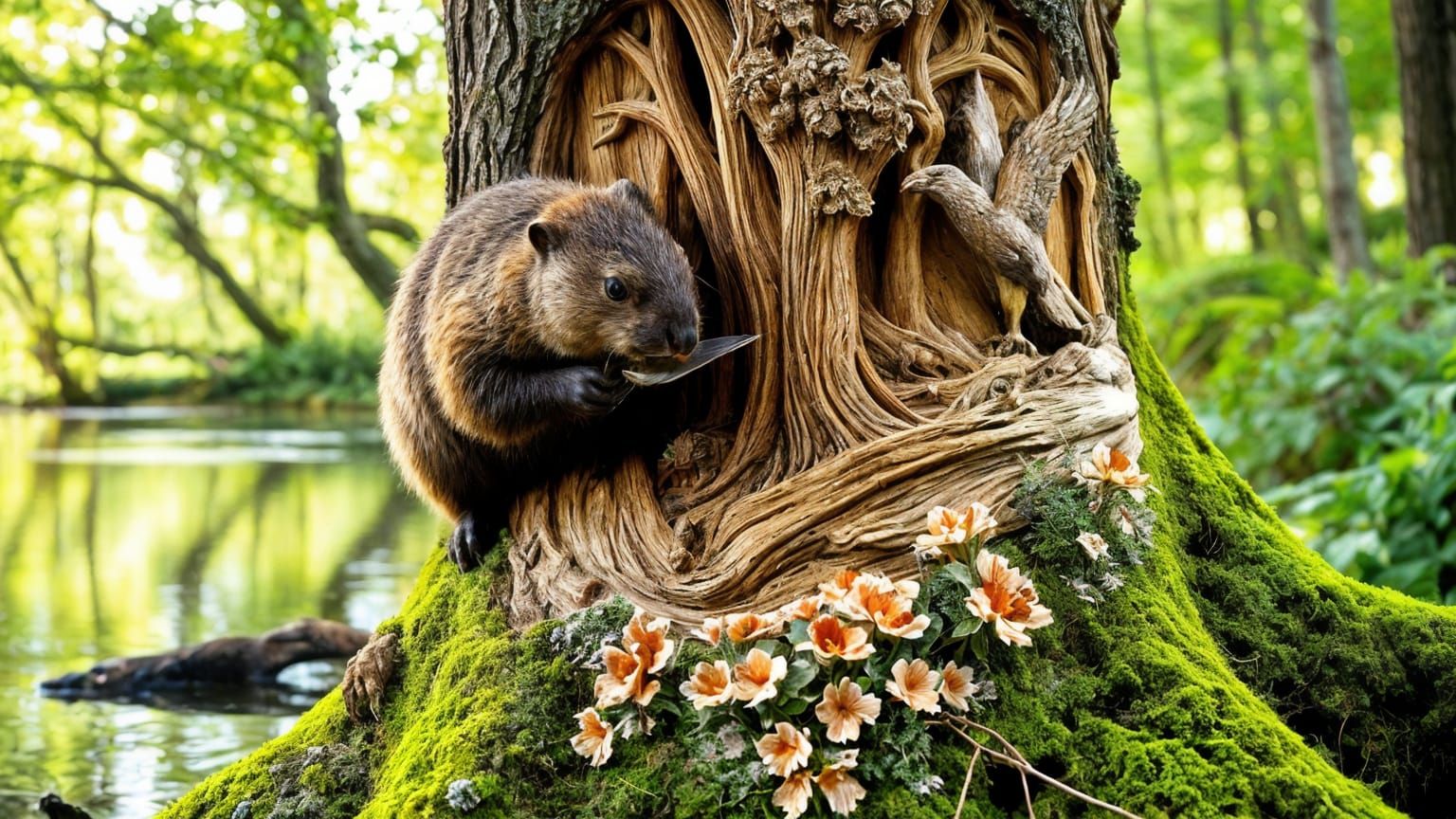 Secret Hobbies of Wildlife: Beaver the Artist, is carving out an elaborate hyperreal forest scene, with his wood knife, on the trunk of a tr...