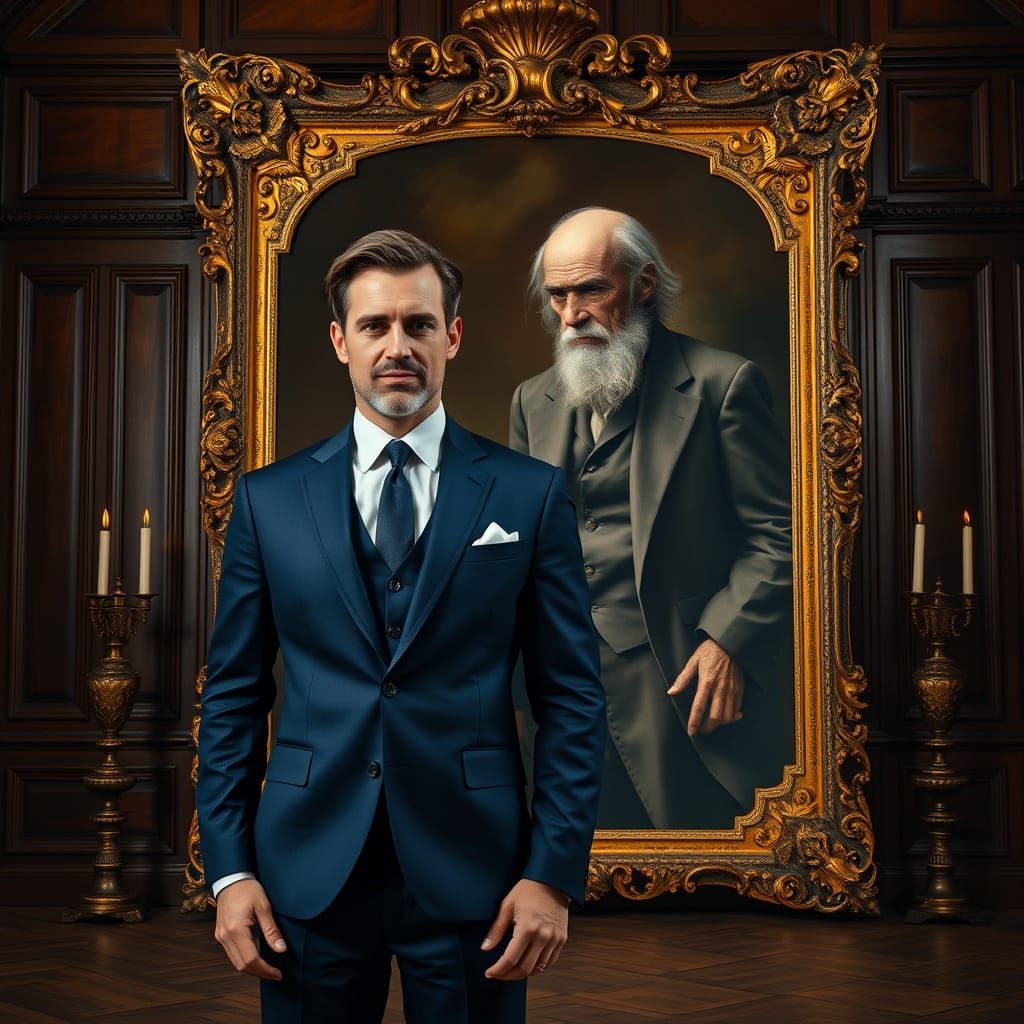 Suave Businessman Stands Before Baroque Portrait in Castle C...
