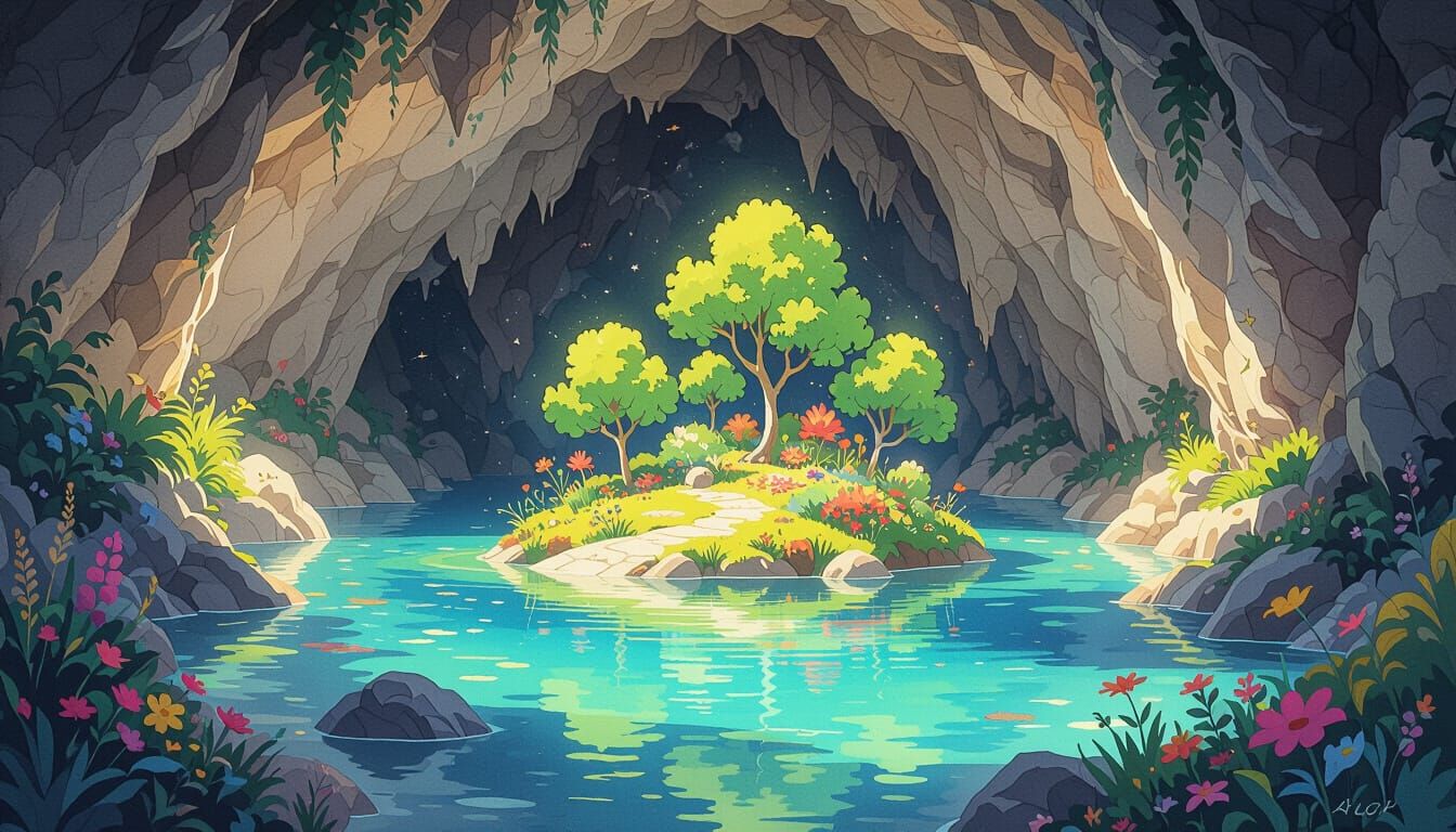 Whimsical scene of a charming summer scene, featuring a cave with a lake in the middleand small island with a few trees, plants and flowers....
