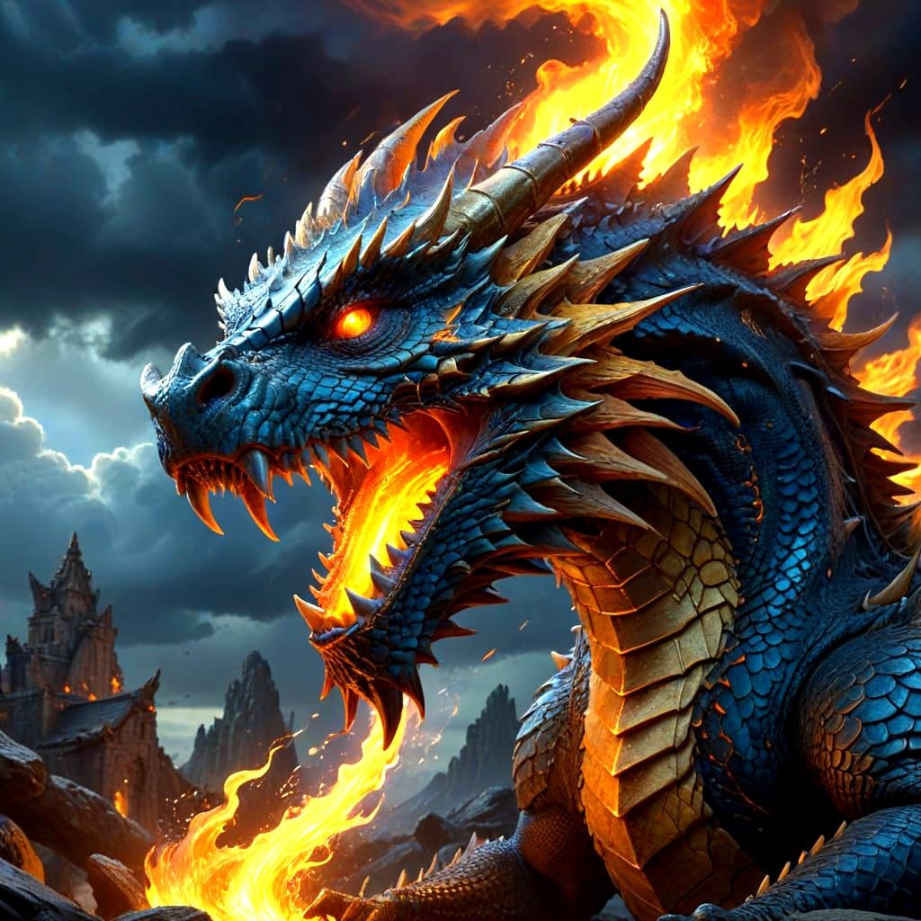Mighty Dragon with Blazing Eyes Looks Up to the Skies and Br...