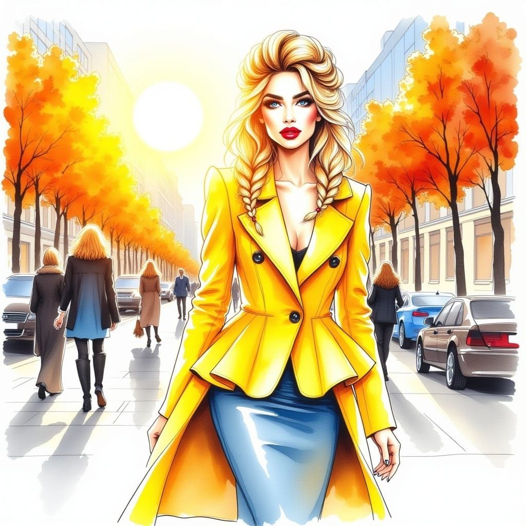 <lora:Alcohol Ink Flux:1.0> "A stunning woman, blond wavy hair, braid with bun make up, red lips, walking by the city, yellow short coat , p...