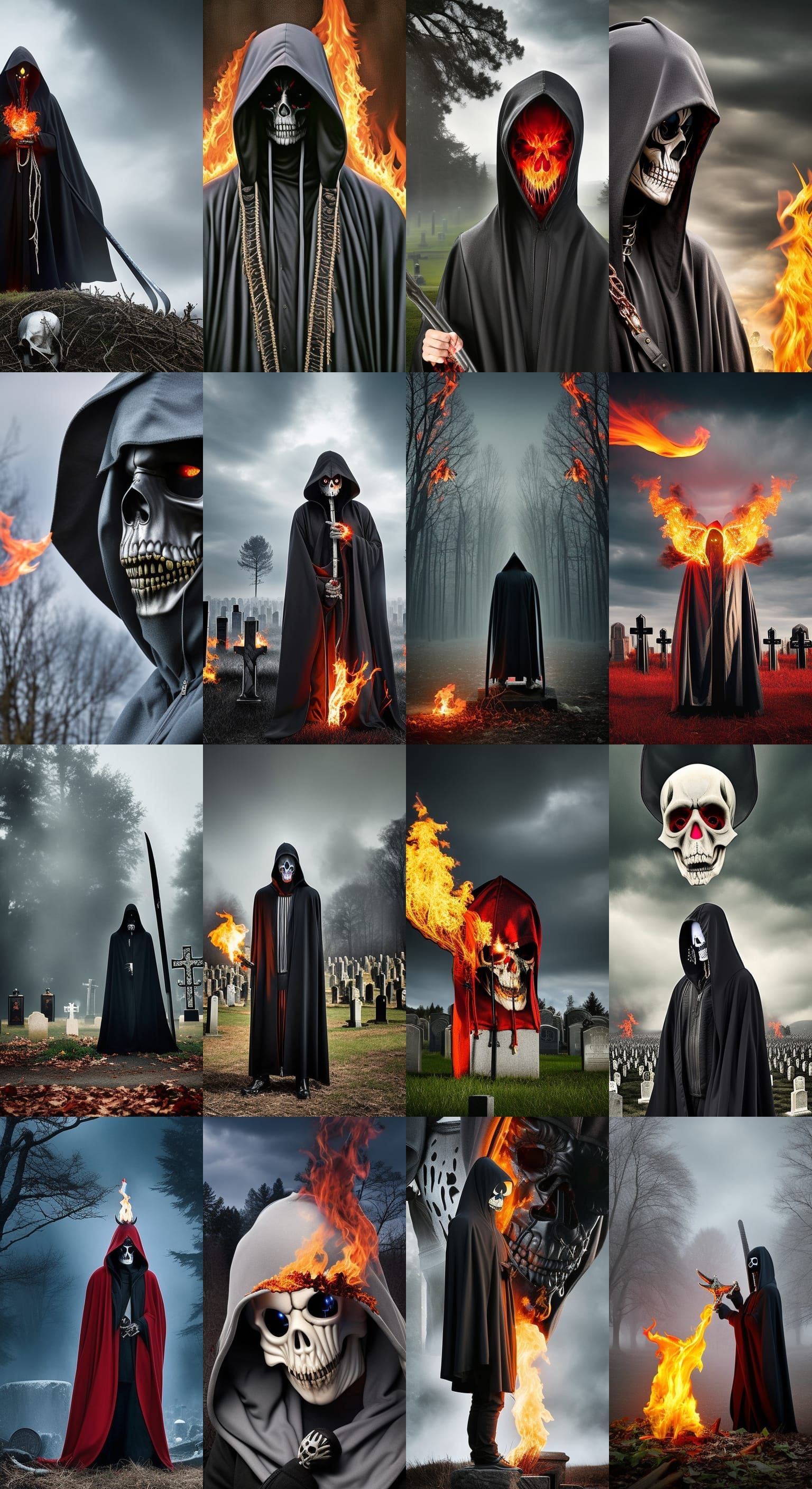 Hooded Grim Reaper with flaming skull head looking at you at...