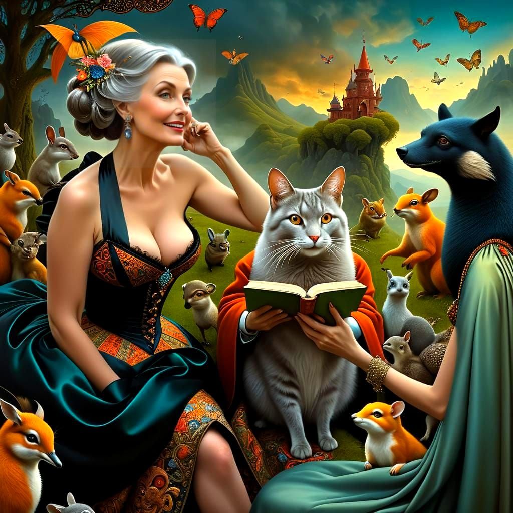 Vibrant 1860s Lady in Whimsical Surreal Landscape