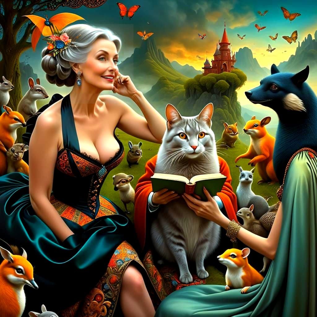 Hyperrealistic Portrait of a Happy Lady in 1860s Attire, Sur...