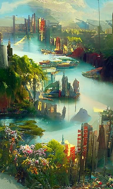 Forest city, with hyperdetailed buildings in many styles, al...