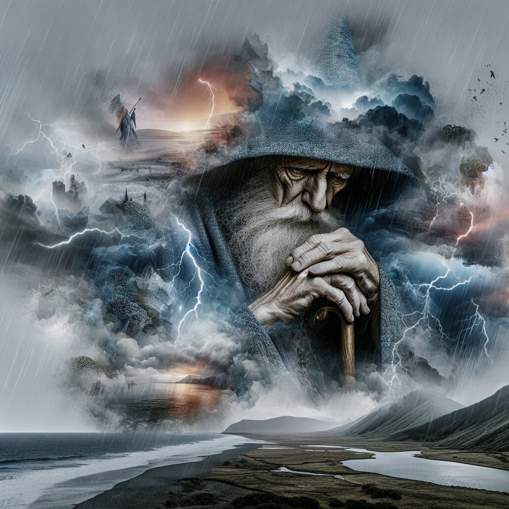 Create a portrait using the technique of multiple exposures to depict an elderly wizard Merlin lamenting ...  by @ByToi