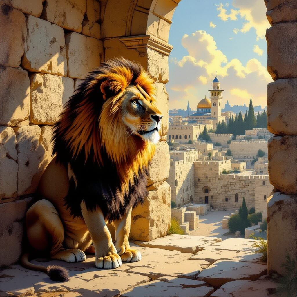 Majestic Lion Guards Ancient Jerusalem in Painterly Style