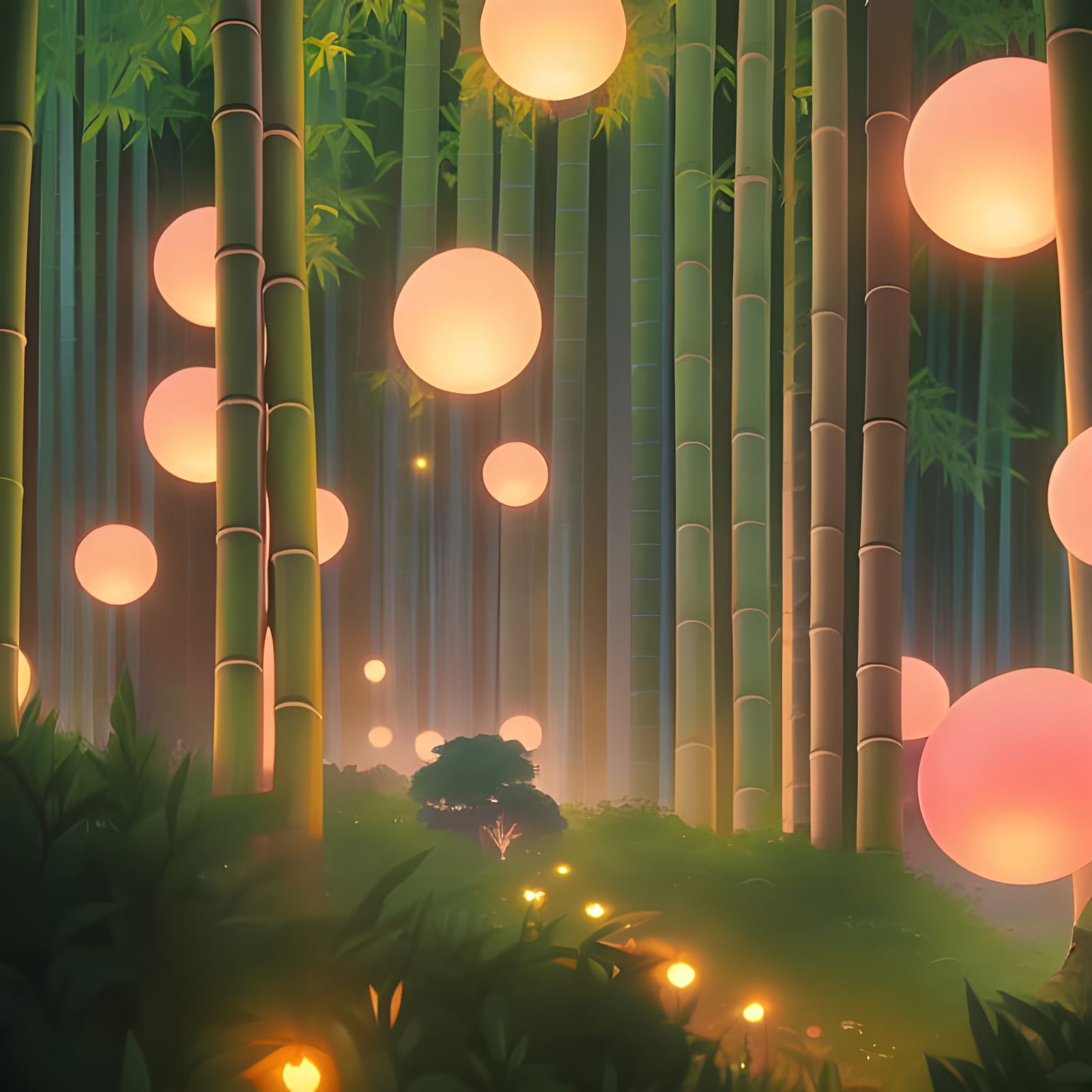 Glowing Balloons in a Bamboo Forest: Ghibli Style