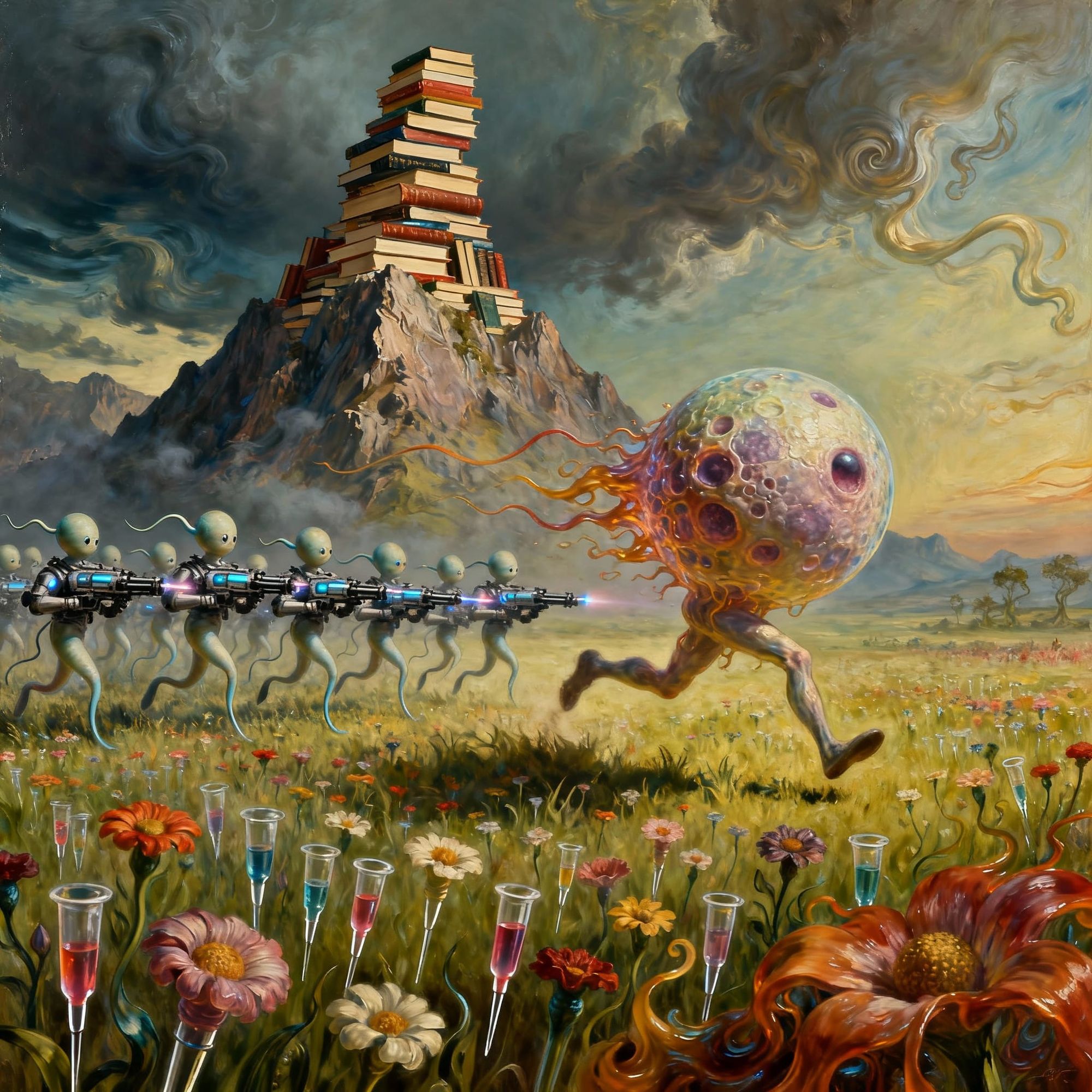 An Oocyte running from an army of spermcells carrying space weapons, meadow of flowers formed as pipettes, mountain of books, oil painting b...