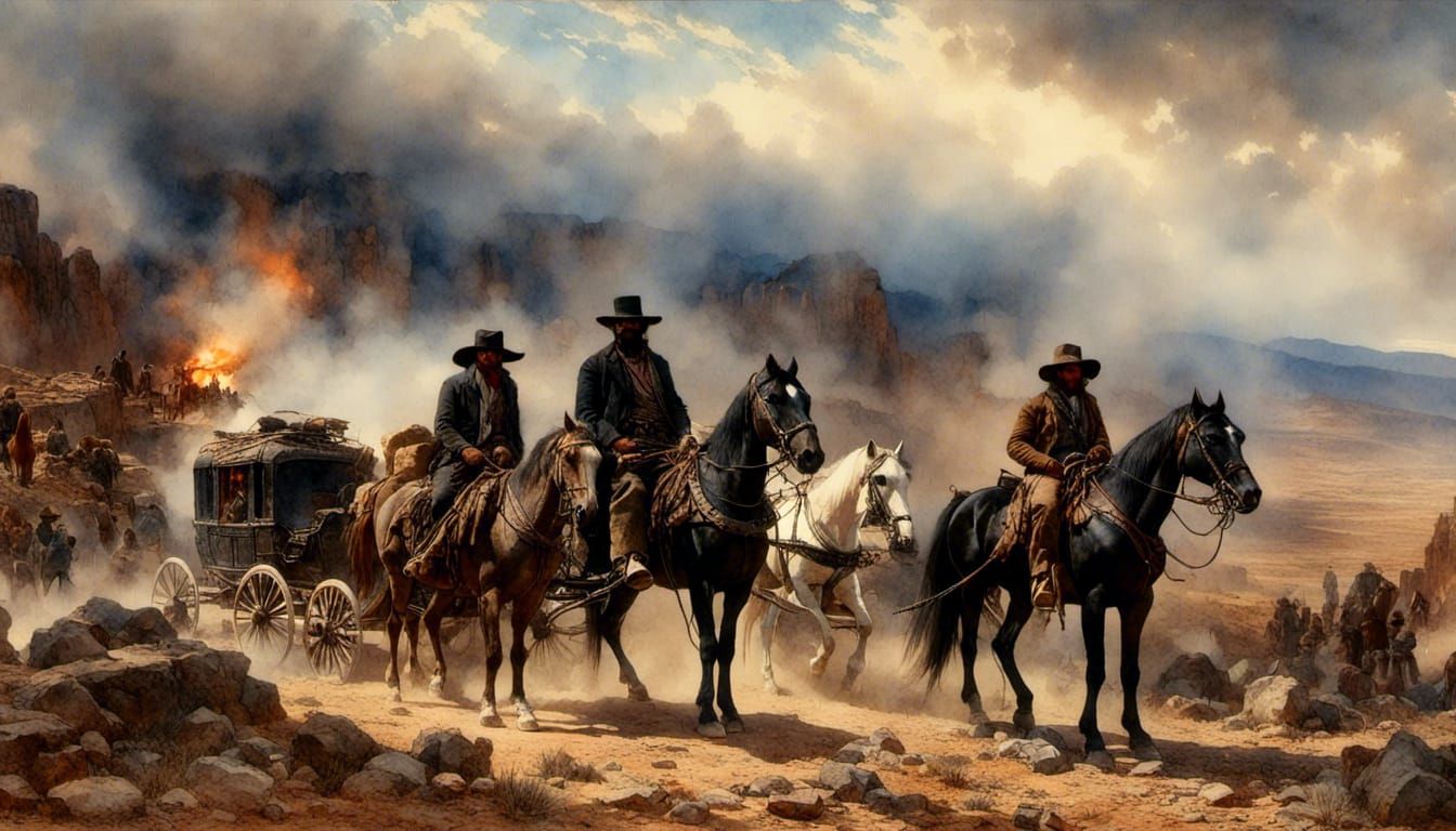 wild west, gunslinger in black wear on a horse, escorted by ...