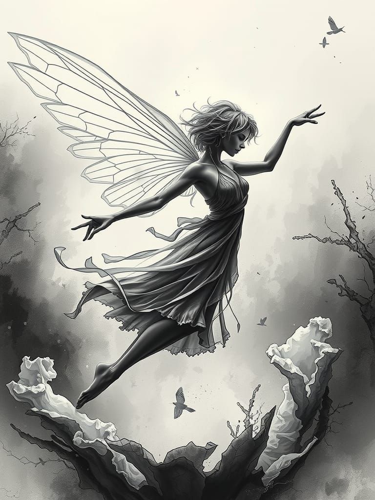 Ethereal Fairy in Black and White Concept Art