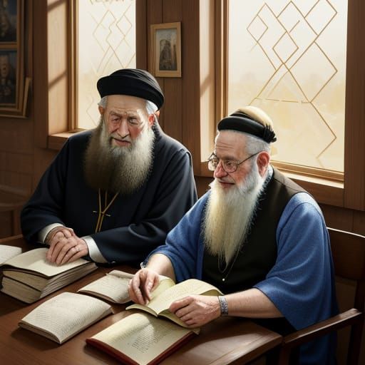 Elderly Orthodox Jews Engage in Torah Study in Warm Golden L...