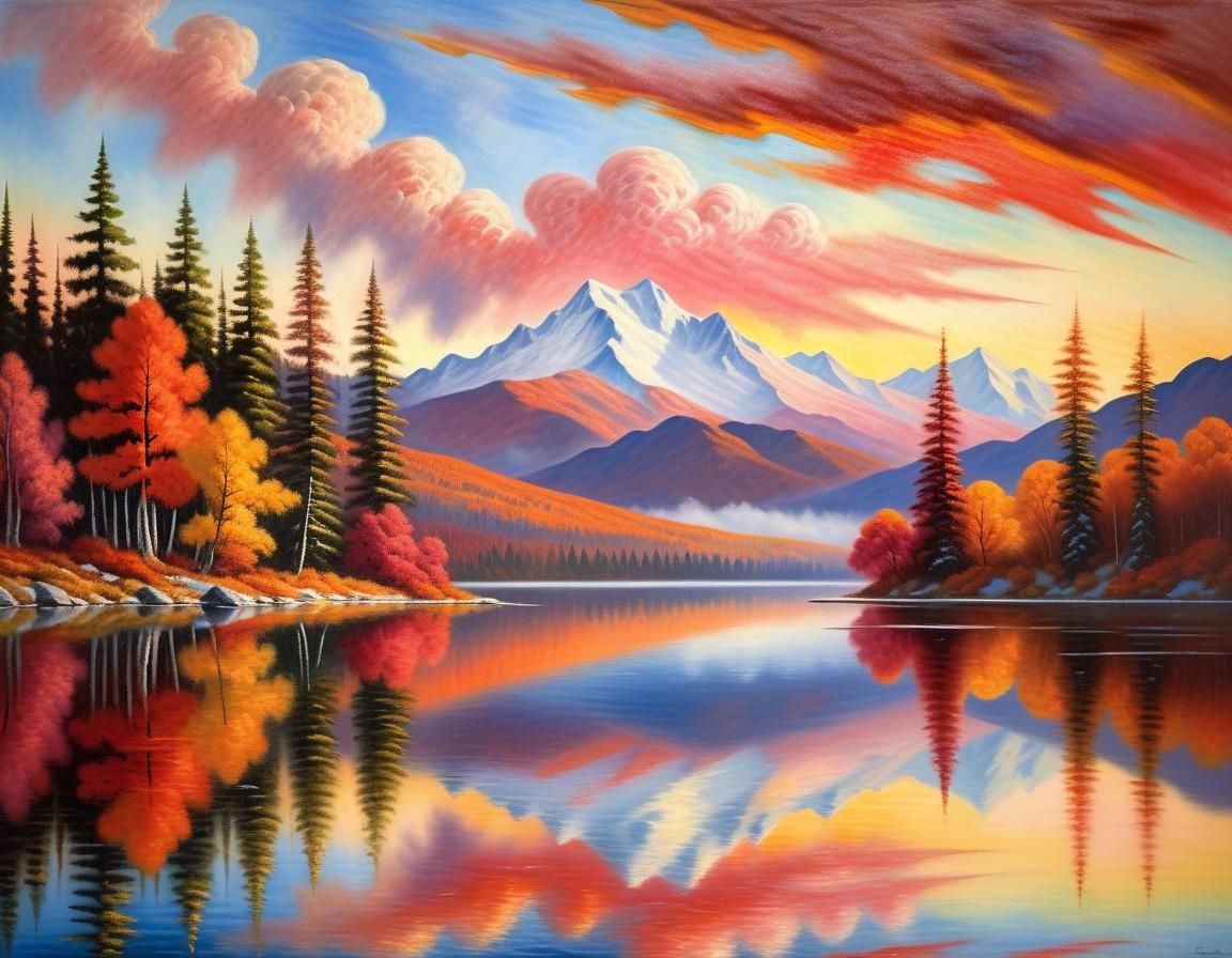 Luminous Lake Landscape Painting in Pastel Colors