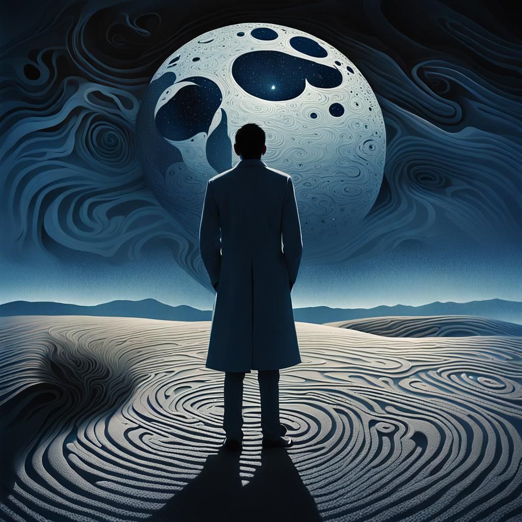 Surreal Moonlit Contemplation in a Desolate Landscape