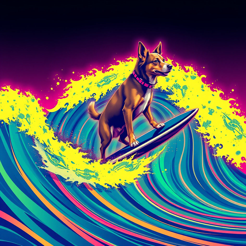 dog surfing synthwave neon retro Screen print, pop art, spla...