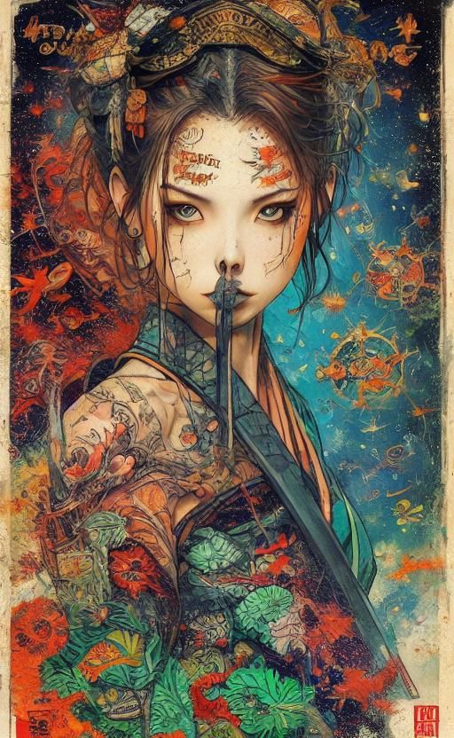 <lora:RetroJapan:1.0> gueisha.  underground comix airbrush a...