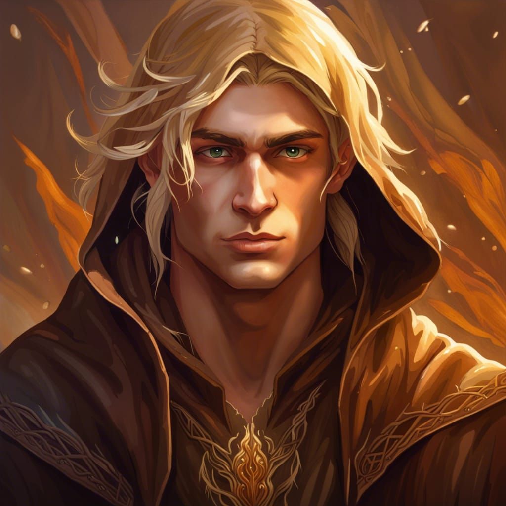 young kind hooded long-haired blonde clean shaven male elf with amber ...