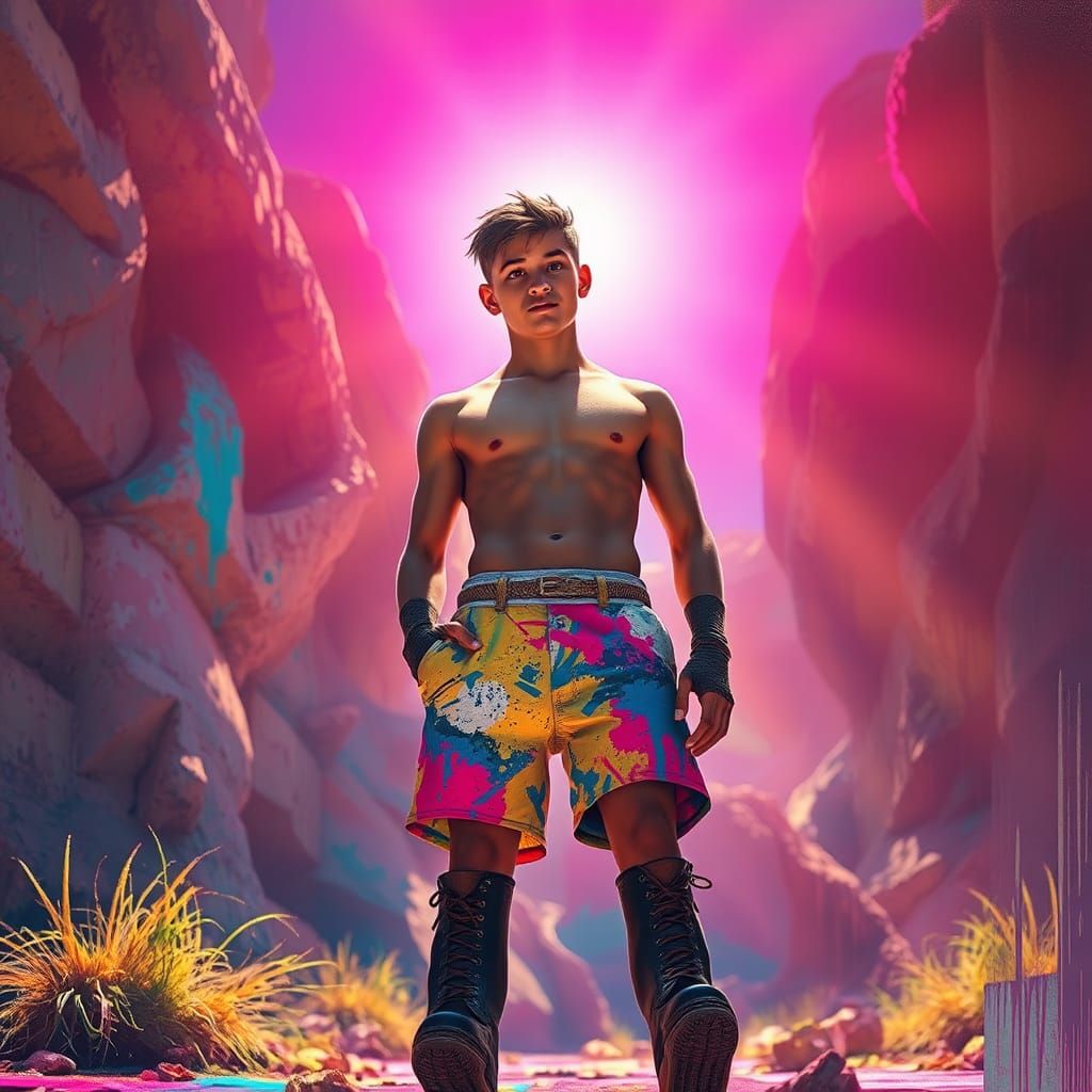 Handsome old fashioned boy wearing white  football shorts and doc marten boots in brightly lit shop in daylight 