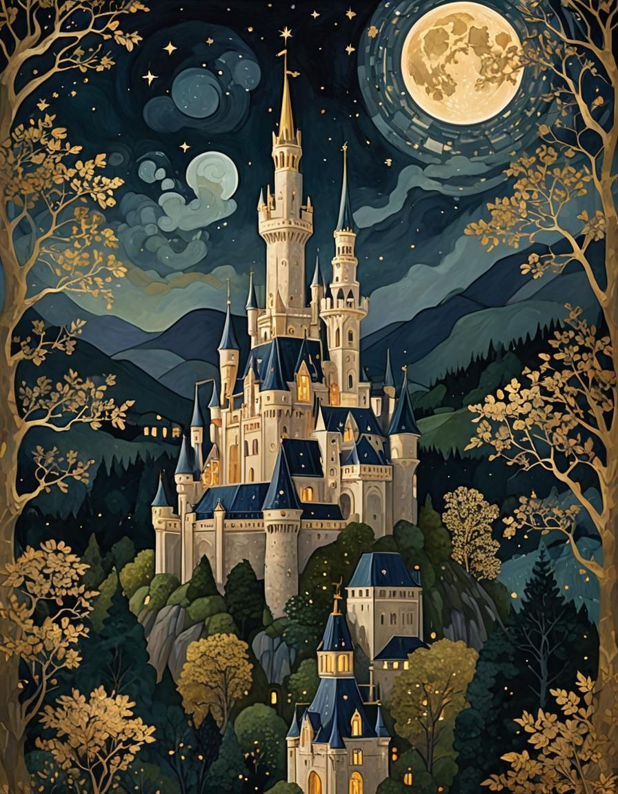 Star-studded night sky castle