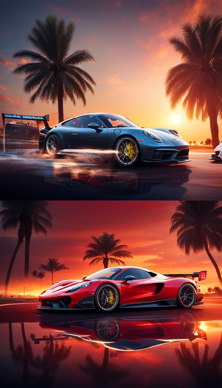 Hyperrealistic photo of a two cars, one porsche and one ferr...