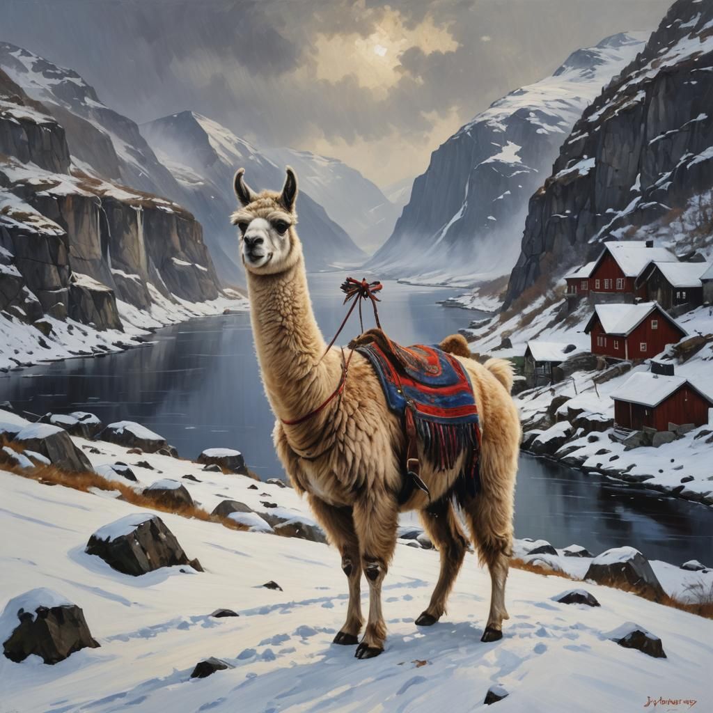 Llama In norway with warm clothes because its snowing
