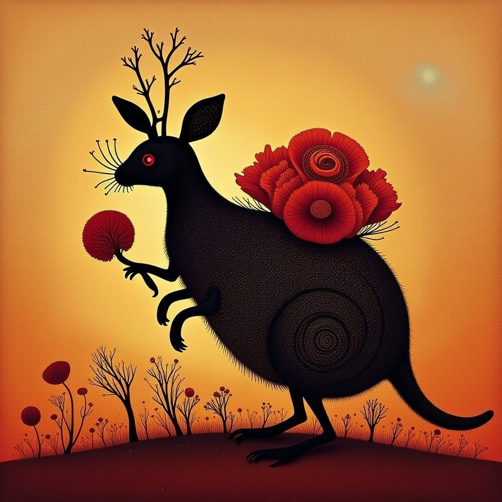 <lora:CICADA SONG:1.0> Australian Aboriginal art of a wallaby in the outback 