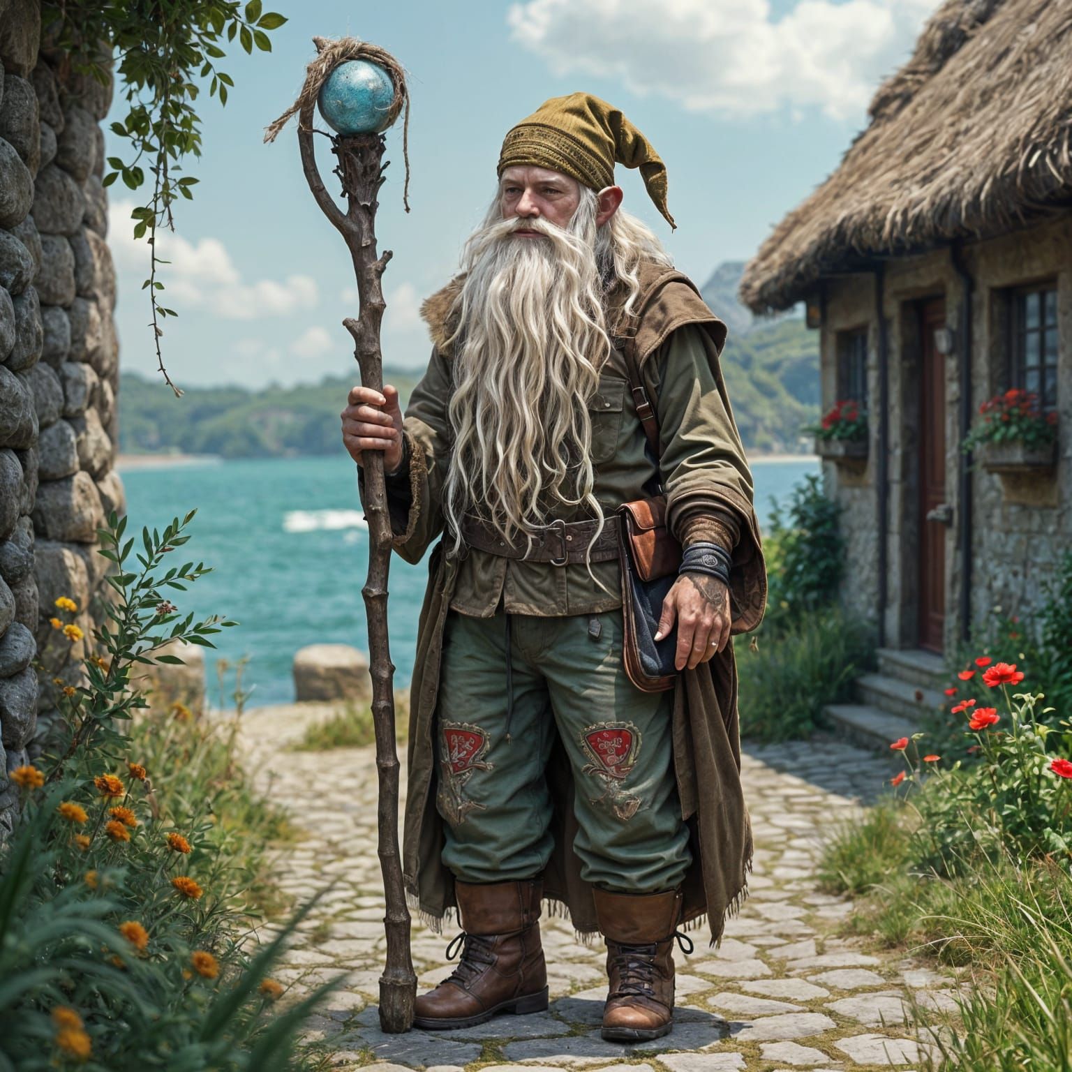 Eine liebenswerten Zauberer mit weißem, langen Bart, etwa 1,80 Groß, von schlanker Natur,, silberne Ringe an den Händen, lange Rastalocken u...