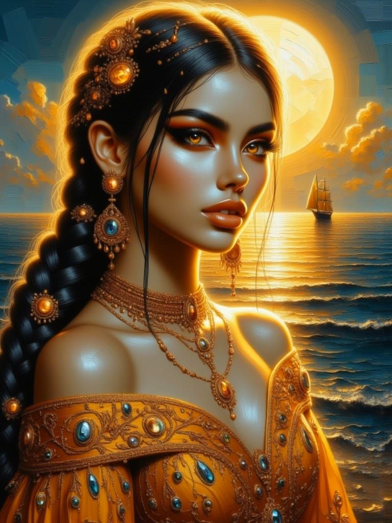 <lora:Braided Echoes:1.0> White skin, A regal witchy cuban goddess with pale white  skin and  with long braided hair glowing in moonlight, s...
