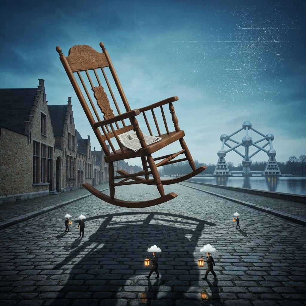 A surreal rocking chair scene inspired by Belgian surrealism. A wooden ...