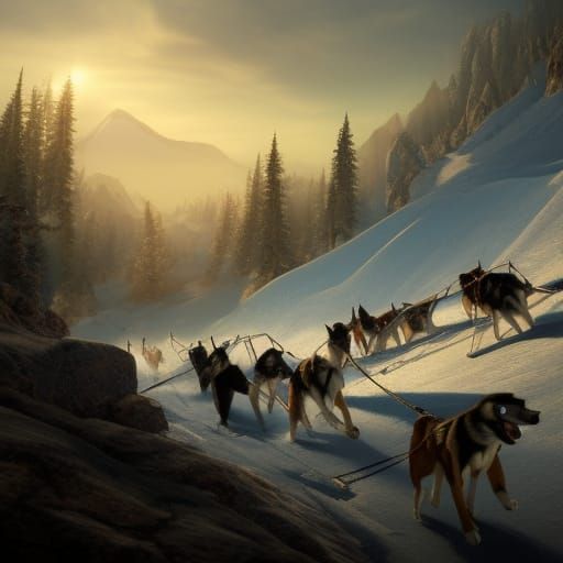 Dog sled team going up a mountain