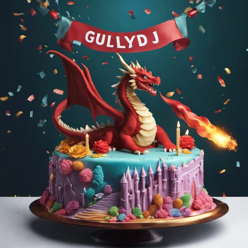 Cake decorated with dragon and star design on Craiyon