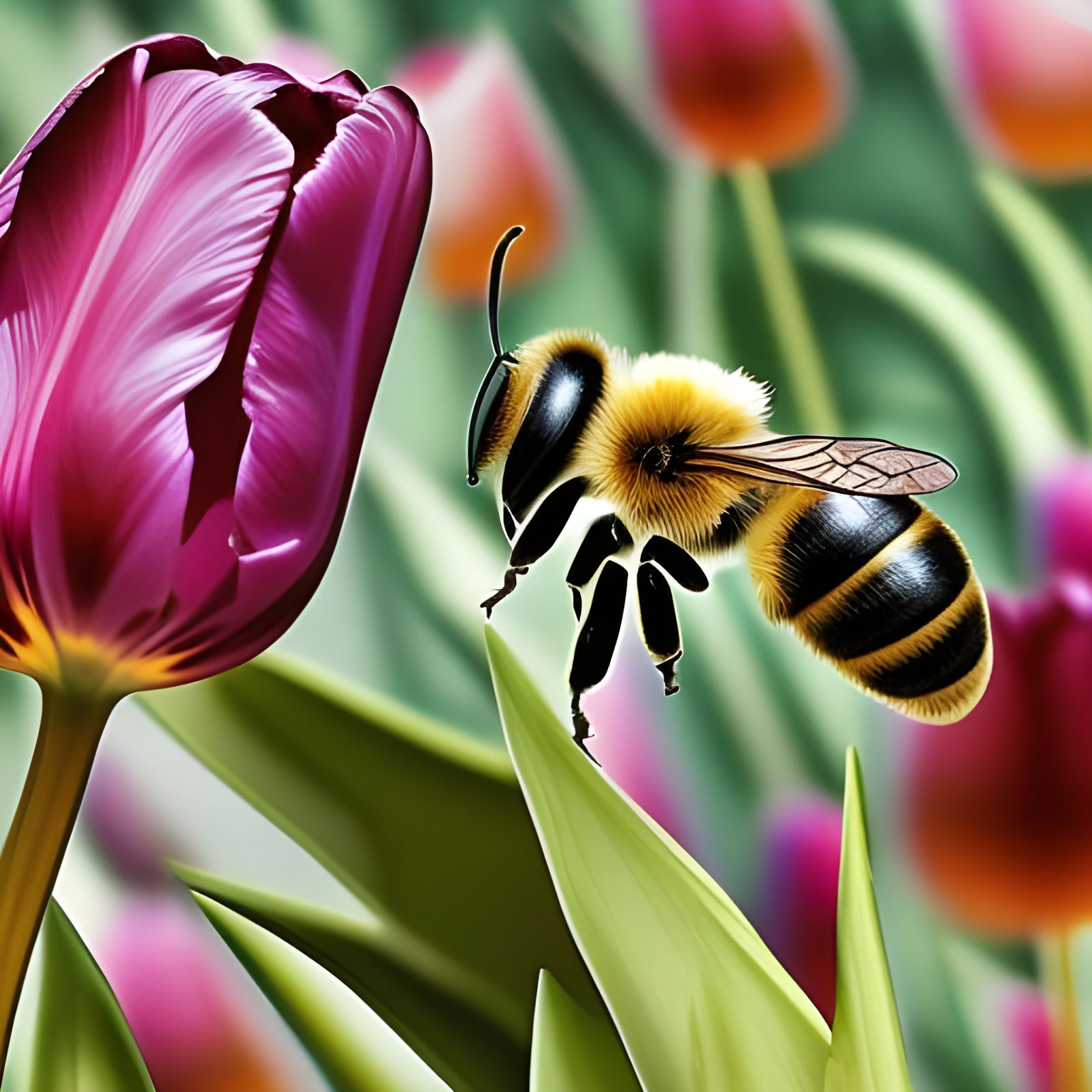 a bee crawling over a beautiful tulip  by @Mila K