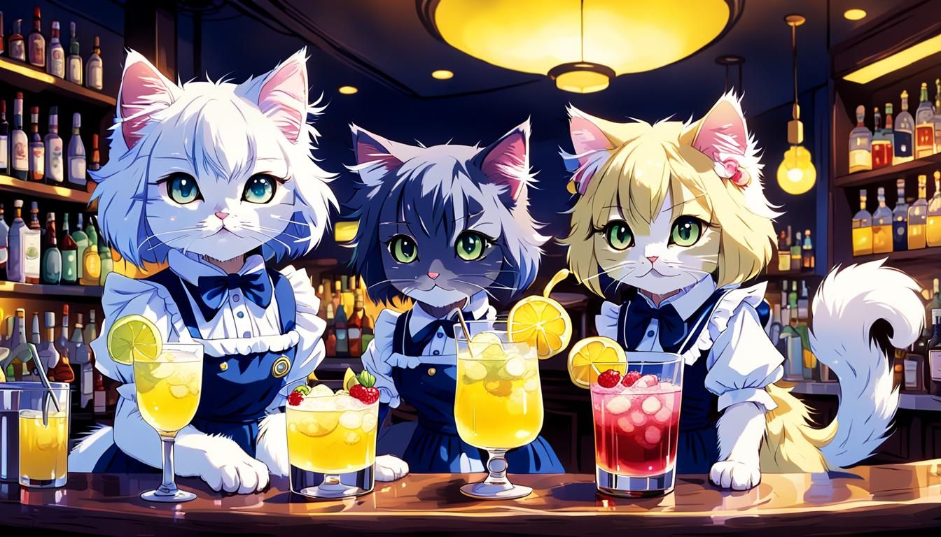 Kittens in maiden outfit serving cocktails at a bar